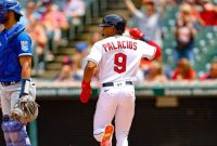 Richie Palacios of the Cleveland Guardians bats during the eighth ...